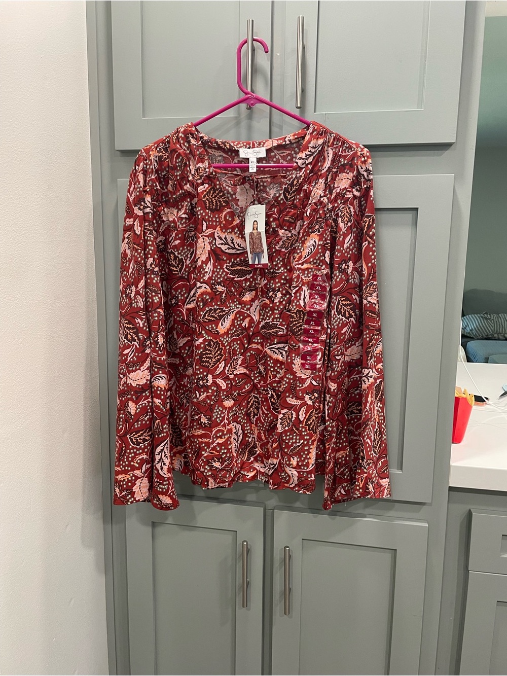 Jessica Simpson Red Paisley Long-Sleeve V-Neck Blouse
